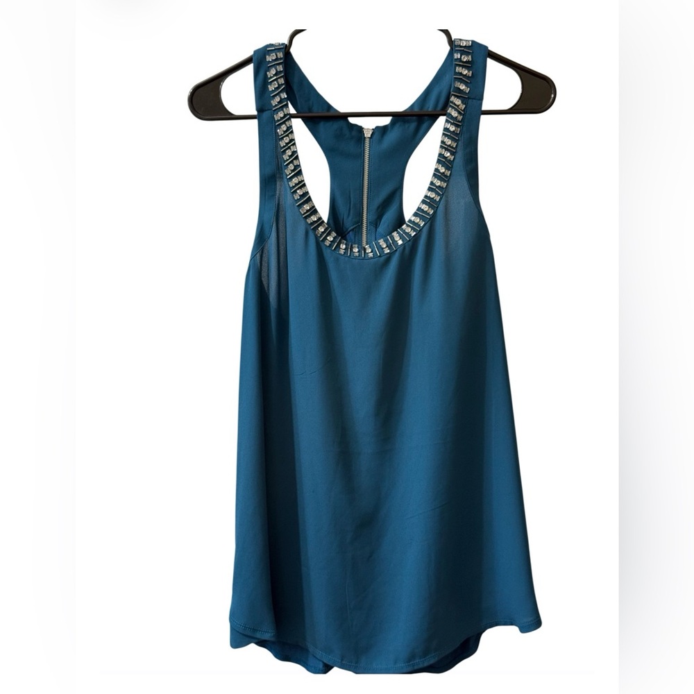 Express Teal Embellished Neck Tank Top Size Large Zip Back Sleeveless Blouse
